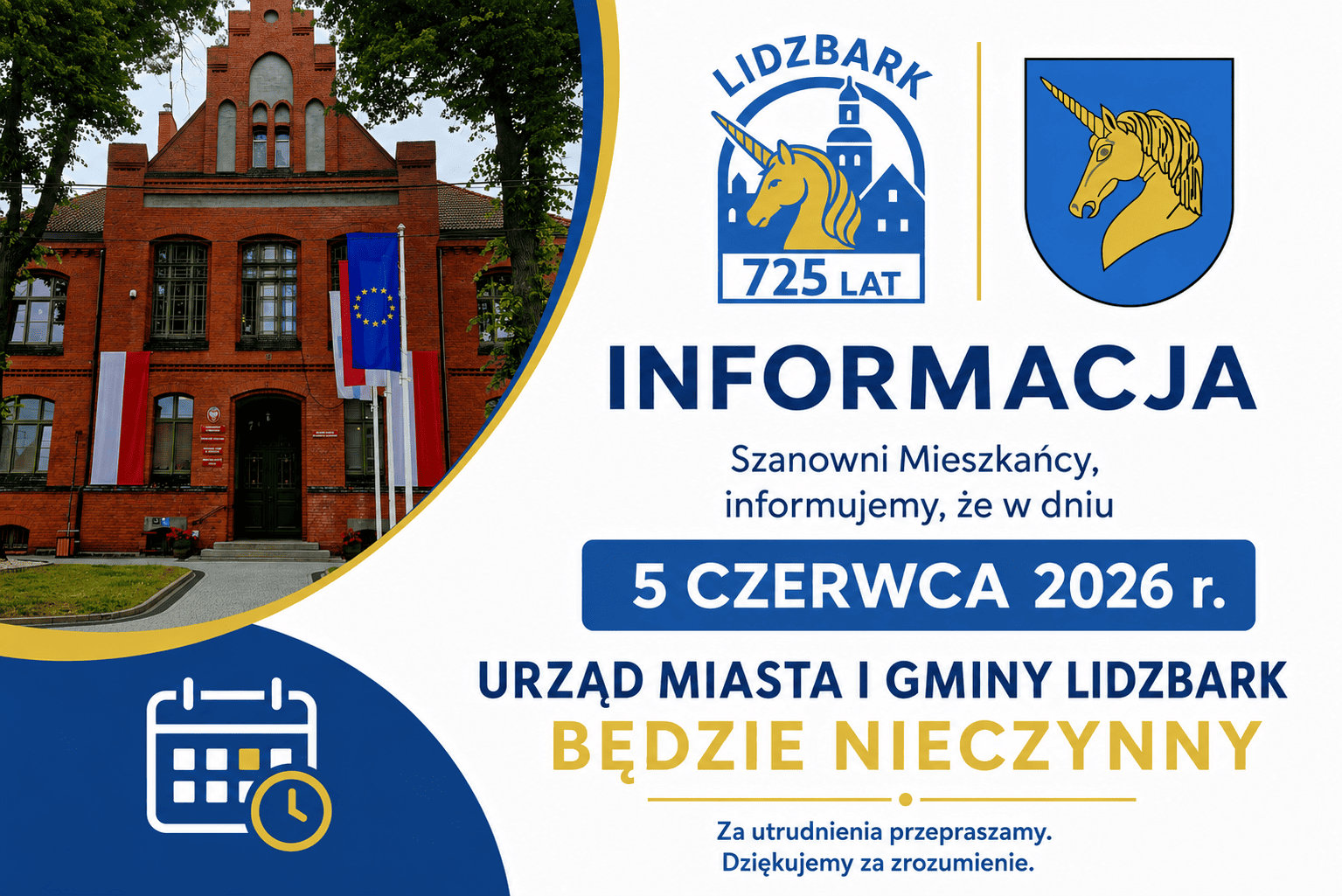 Urząd Miasta i Gminy w Lidzbarku nieczynny 5 czerwca 2026 r.